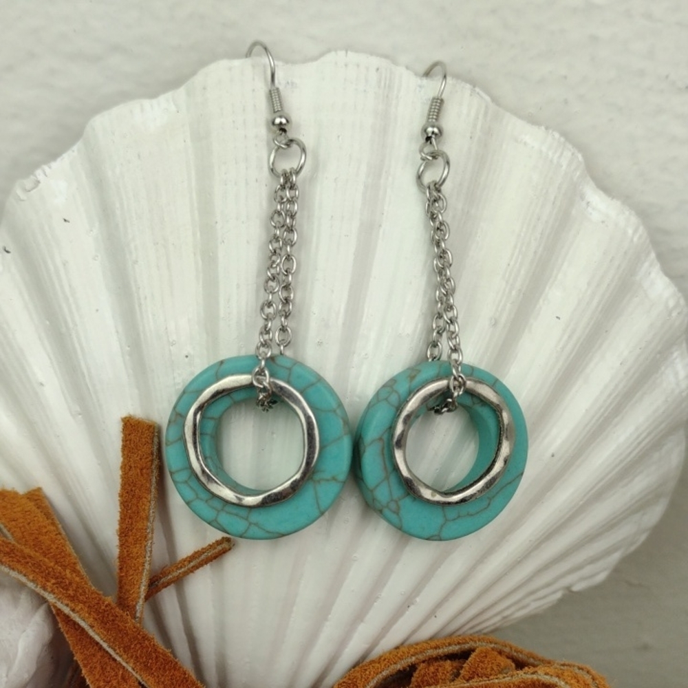 Very Turquoise Stone Like Silver Accents Drop Chain Earrings